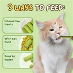 Cat eating green treat with 3 feeding ways: interactive, with food, or soaked in water