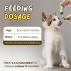 Kitten eating green cat treat sticks, feeding dosage guide for cats over 3 months, 1-3 sticks daily