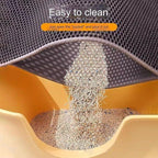 Easy-to-clean cat litter mat with mesh pocket pouring litter into yellow tray