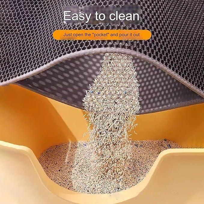 Easy-to-clean cat litter mat with mesh pocket pouring litter into yellow tray