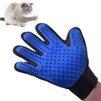 Blue pet grooming glove with silicone nodules for cats and dogs, shown with fluffy gray cat