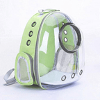 Green transparent pet carrier backpack with mesh windows and ventilation holes for cats or small dogs