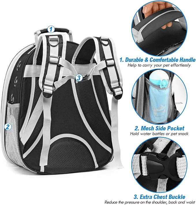 Black pet carrier backpack with mesh pockets, chest buckle, and comfy handle for safe travel