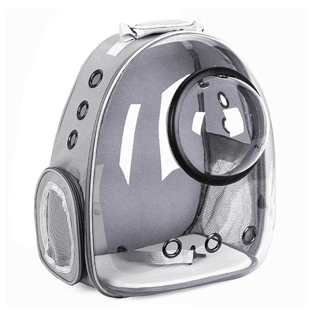 Gray transparent pet carrier backpack with bubble window and mesh ventilation for cats or small dogs