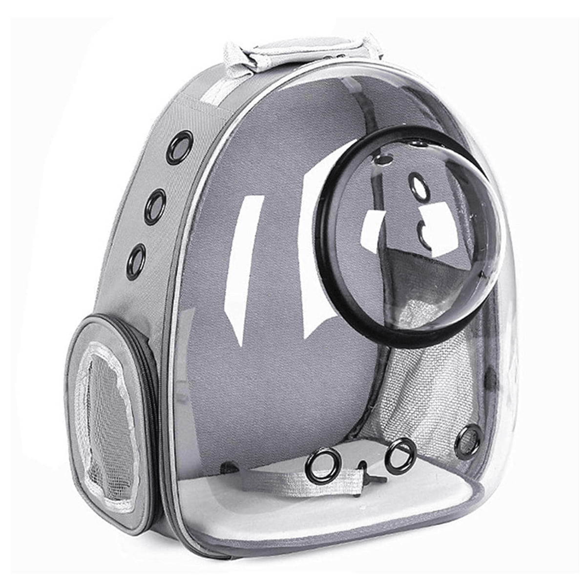 Gray transparent pet carrier backpack with bubble window and mesh ventilation for cats or small dogs
