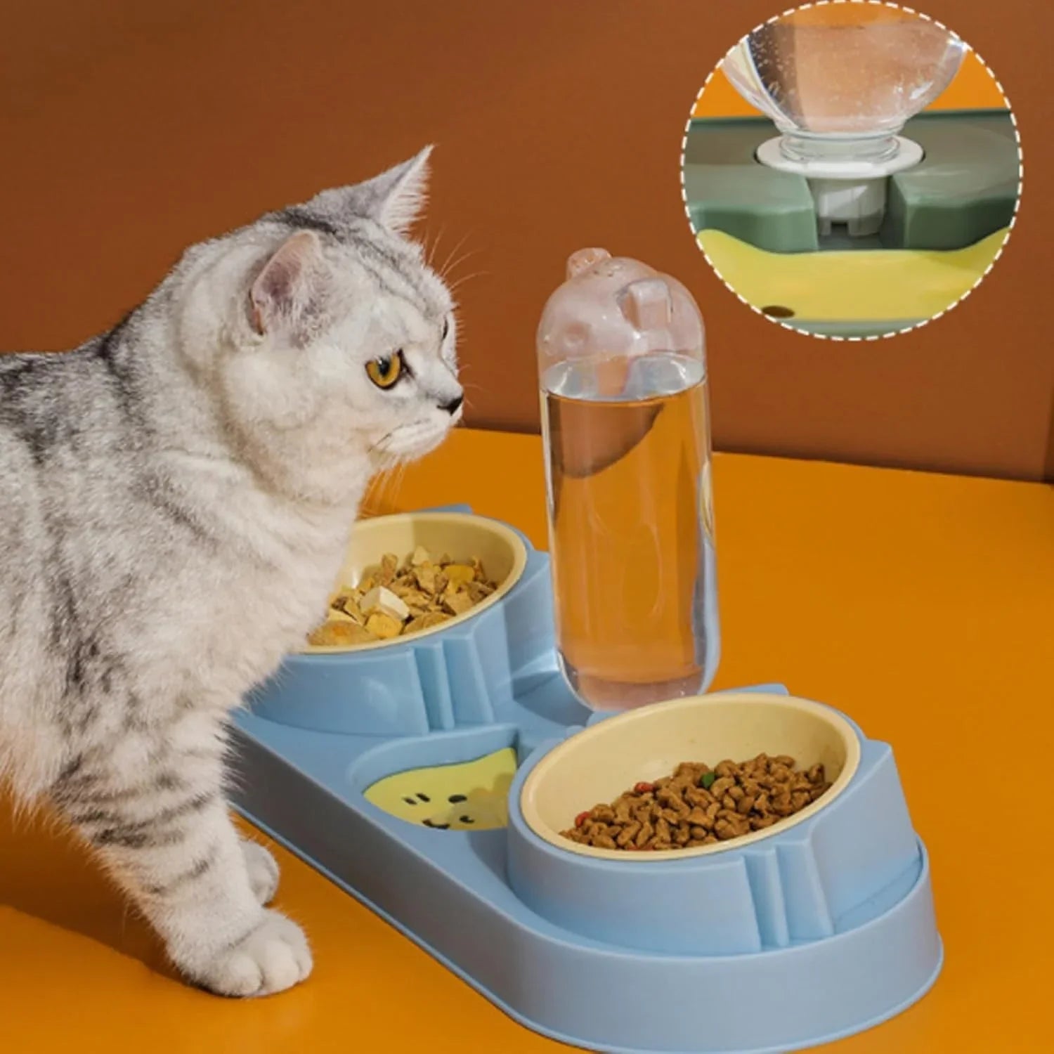 Double Cat Food and Water Bowl Set with Water Dispenser Auto Water Replenishment Tip Proof Cute Pet Food Bowl