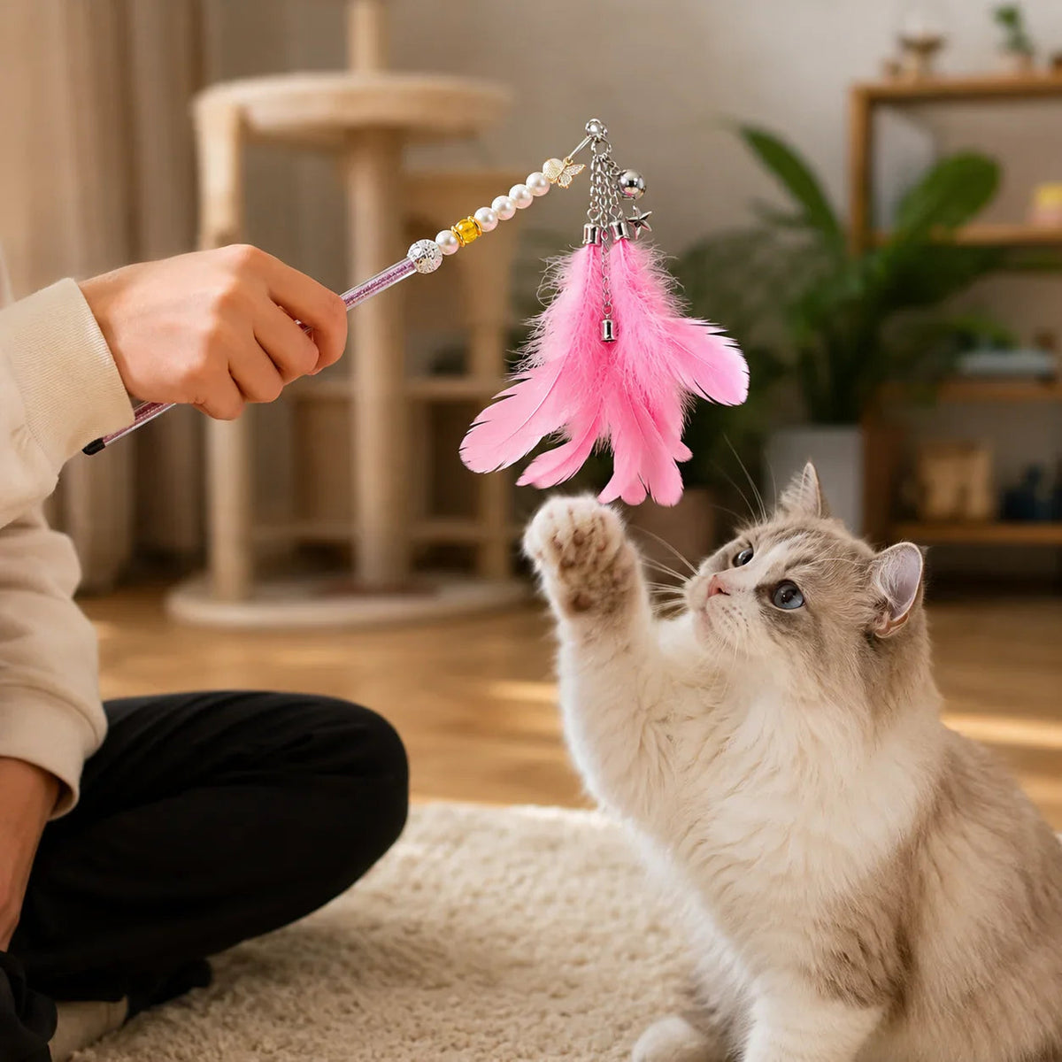Premium Feather Wand Cat Toy with Bell & Charms 1pcs