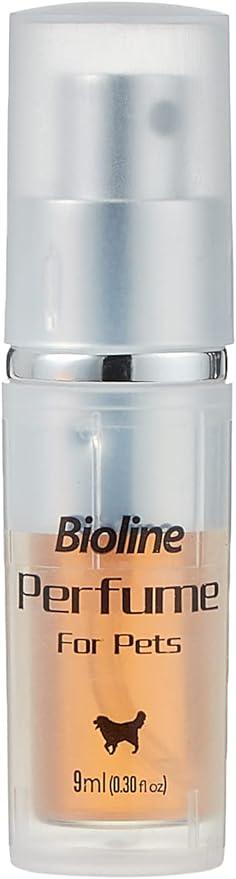 Bioline Pet Perfume 9ml bottle for dogs, clear spray design with orange liquid