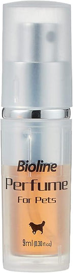 Bioline Pet Perfume 9ml bottle for dogs, clear spray design with orange liquid