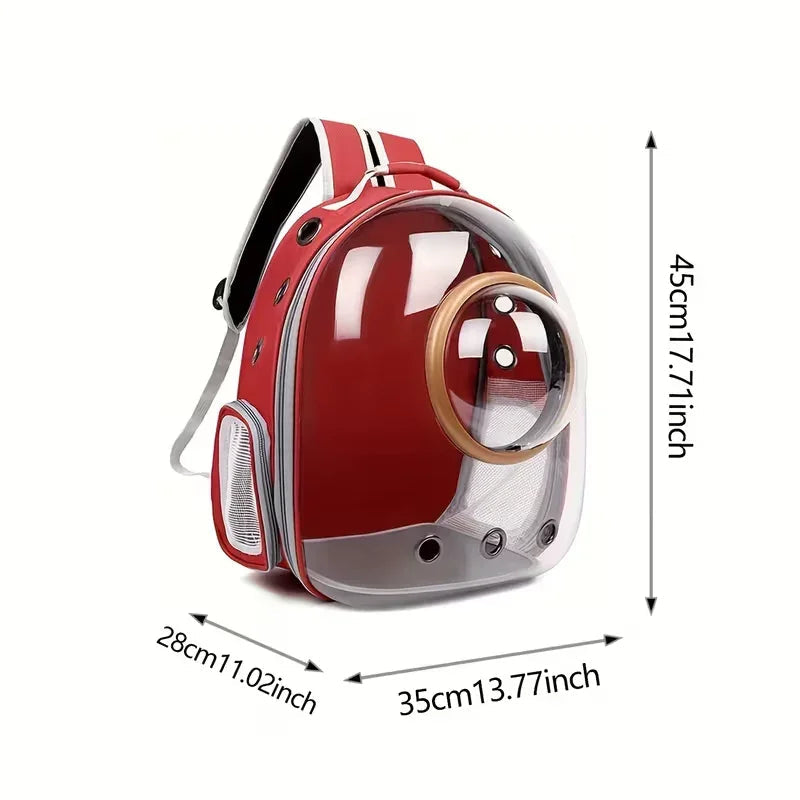 Red transparent pet carrier backpack with dimensions, ideal for small dogs or cats travel