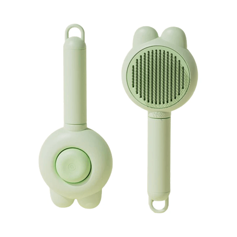 Light green pet grooming brush with bunny ears design, ideal for gentle fur care and shedding control.