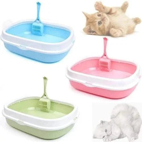 Cat litter box with scoop in blue, pink, green — ideal for kitten care and pet essentials