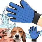Blue silicone pet grooming glove for dog bathing and brushing, gentle deshedding tool with water splash