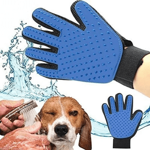 Blue silicone pet grooming glove for dog bathing and brushing, gentle deshedding tool with water splash