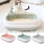Cat in modern litter box with scoop, available in pink, mint, and gray — ideal for pet hygiene and comfort.
