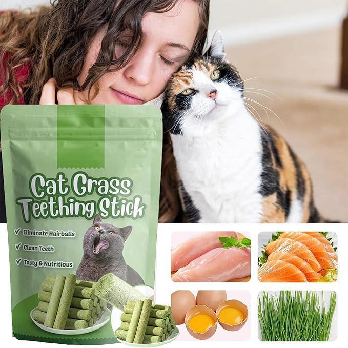 Cat Grass Teething Stick for hairball control, clean teeth, and nutrition with chicken, salmon, egg, and grass ingredients
