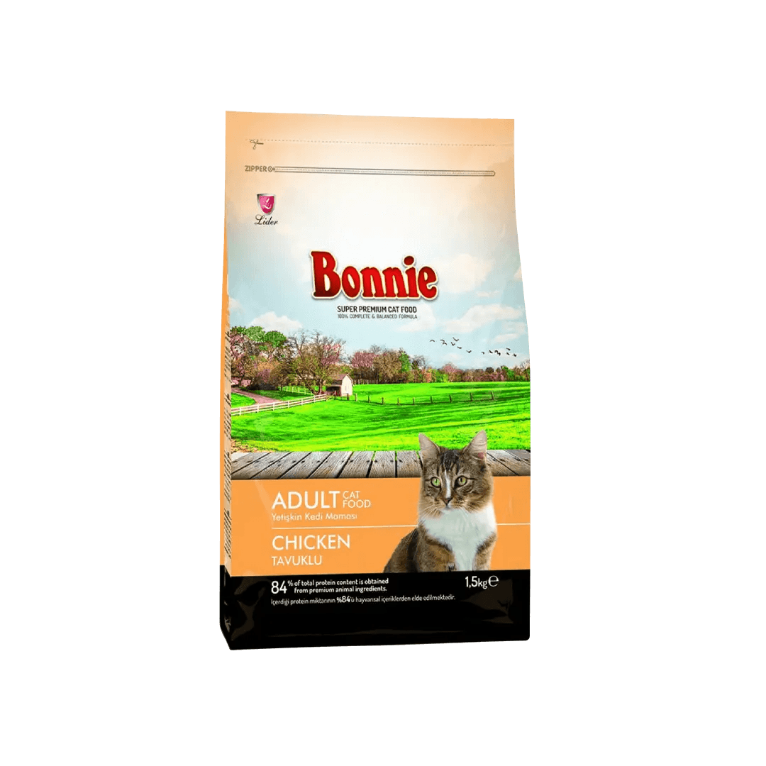 Bonnie Super Premium Adult Cat Food with Chicken, 1.5kg bag for healthy feline nutrition
