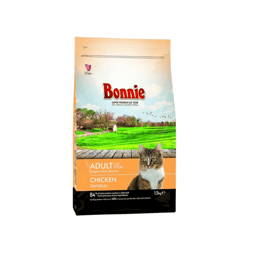 Bonnie Super Premium Adult Cat Food with Chicken, 1.5kg bag for healthy feline nutrition