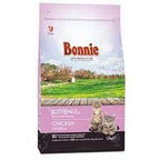 Bonnie Kitten Plus Chicken & Rice dry cat food bag with playful kittens on grassy field