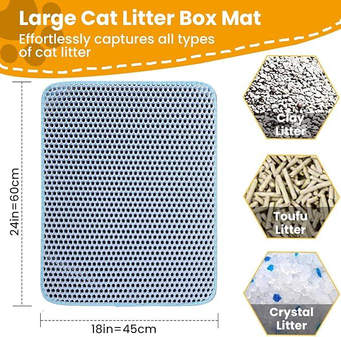Large cat litter box mat with perforated design, fits clay, tofu, and crystal litter, 24x18 inches