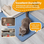 Durable blue cat litter mat with 0.35-inch thickness, resists scratching and biting, shown with gray cat and litter box.