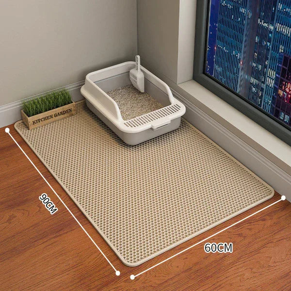 Beige cat litter mat 90x60cm with litter box, ideal for pet owners seeking easy cleanup and mess control.