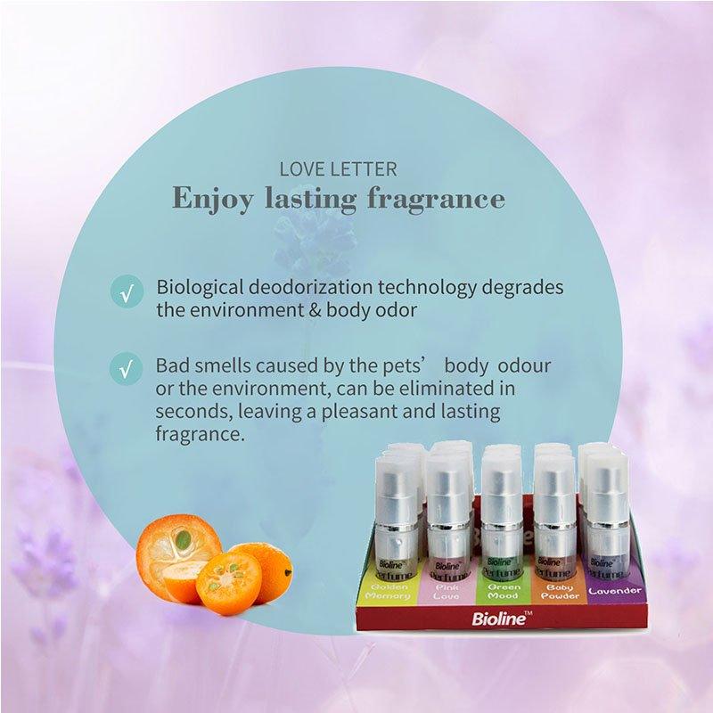 Bioline pet odor eliminator sprays with lasting fragrance in multiple scents like Lavender and Orange