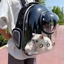 Black astronaut-style pet carrier backpack with clear dome, holding white cat outdoors