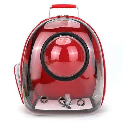 Red transparent pet carrier backpack with bubble window for cats or small dogs