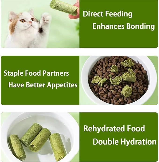 Green cat treats for direct feeding, mixing with dry food, or rehydrating for double hydration